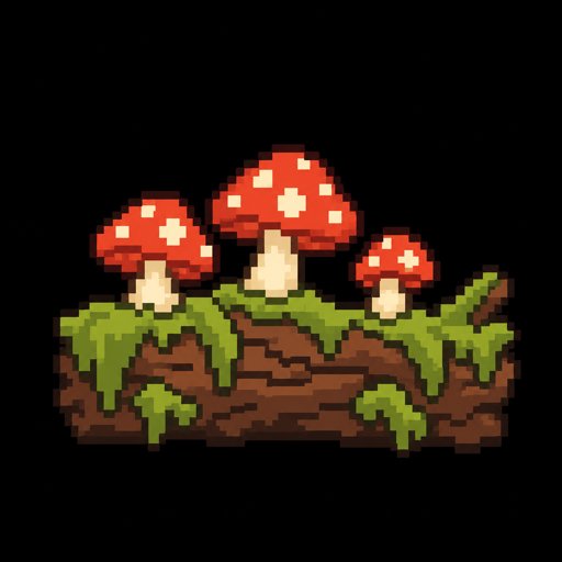 A raw AI image of a mushroom log: soft edges, uneven pixels and a solid background