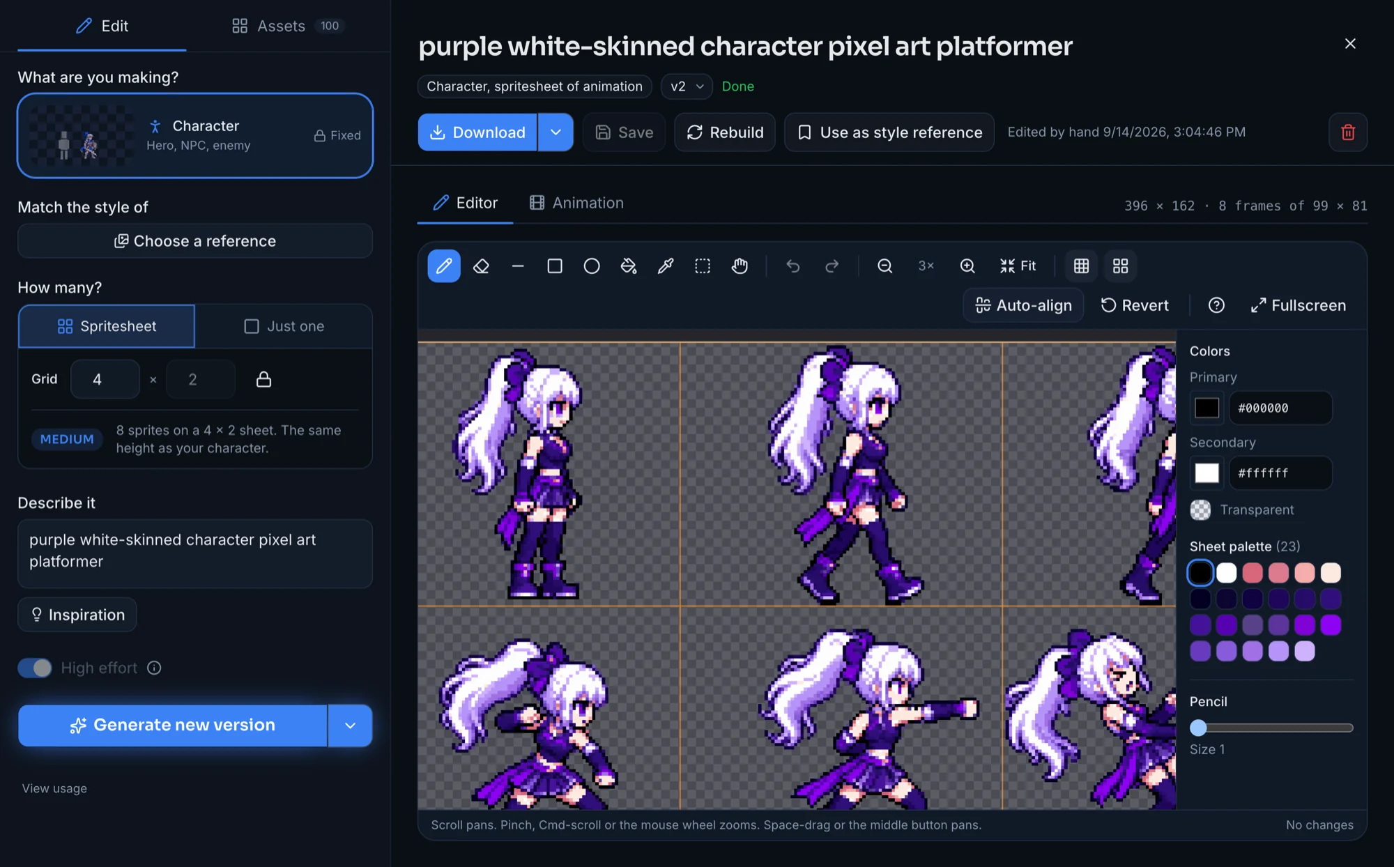 The pixelart.dev workspace with a project's sprites, the create panel and an asset preview