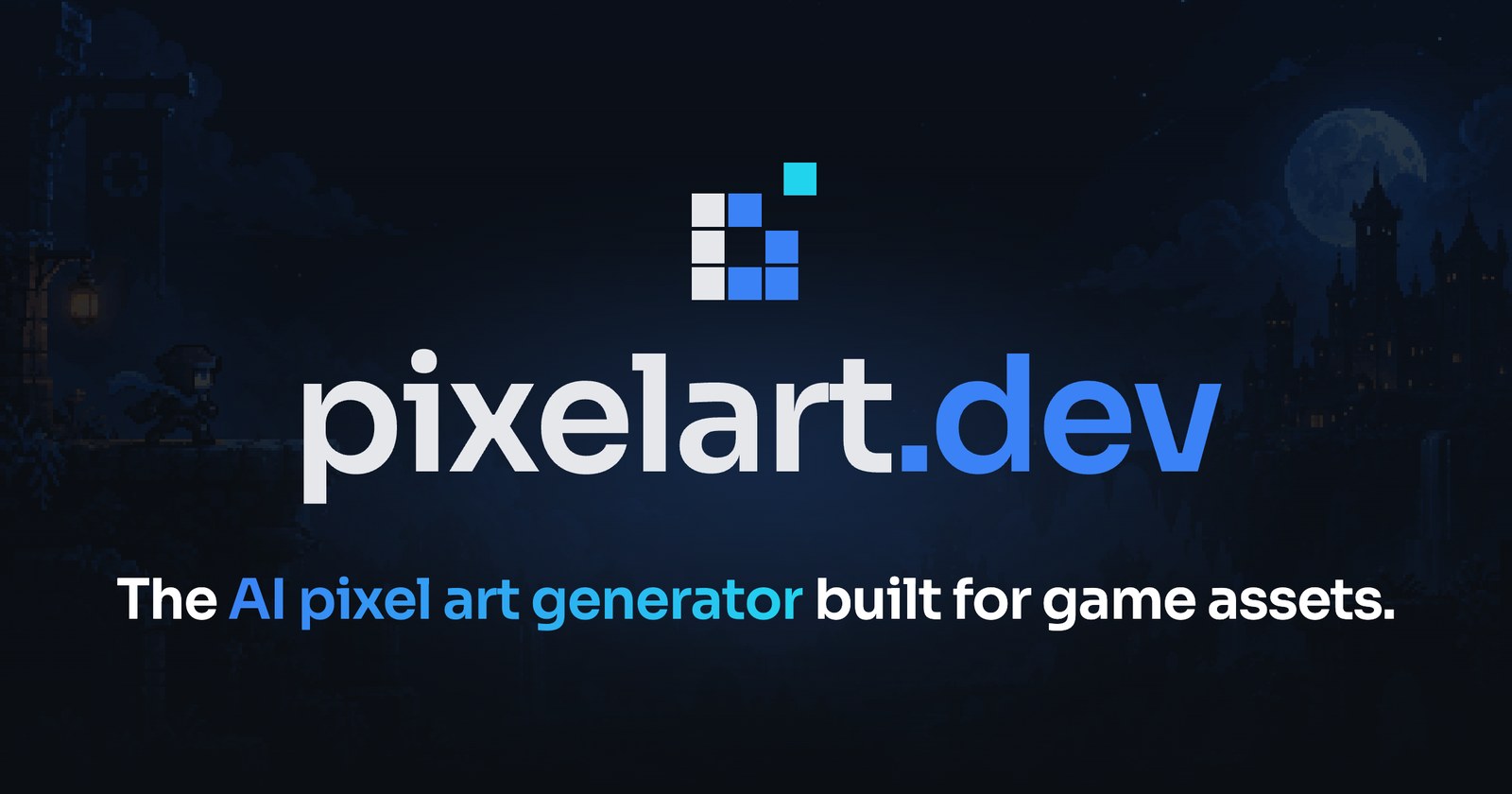 The pixelart.dev logo over a moonlit pixel art castle: the AI pixel art generator built for game assets