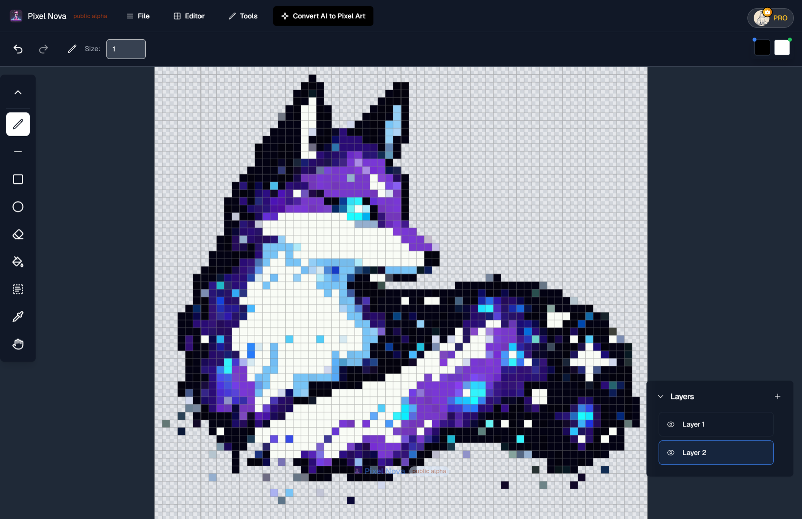 The Pixel Nova Studio editor: the canvas in the centre, the tool palette on the left, and the layer stack on the right